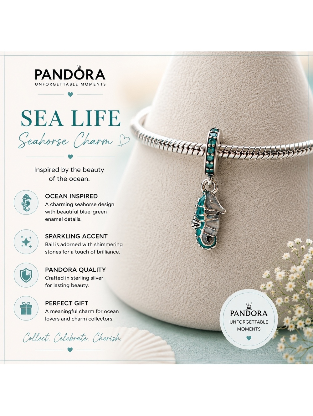 Pandora Sea Life Seahorse Charm with Blue-Green Enamel and Sparkling Accents